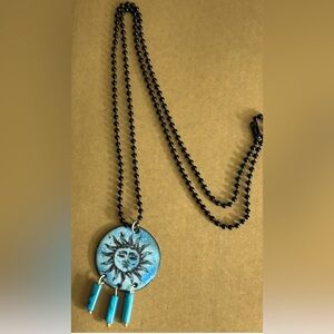 Necklace NWOT Artisan copper enamel Sun, Mother of Pearl beads, black ball chain